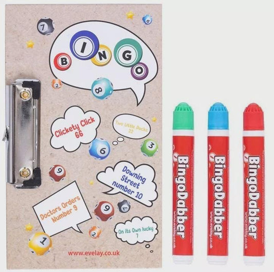 Bingo Board with 3 Colorful Dabbers: Lucky Clip Board