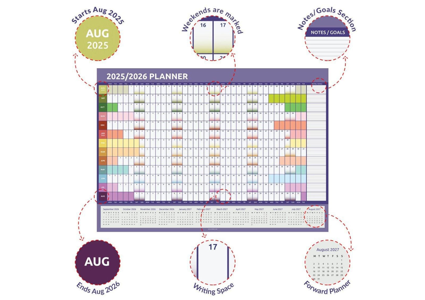2025 2026 A1 Academic Mid Year Wall Planner Calendar Home Office School Rainbow