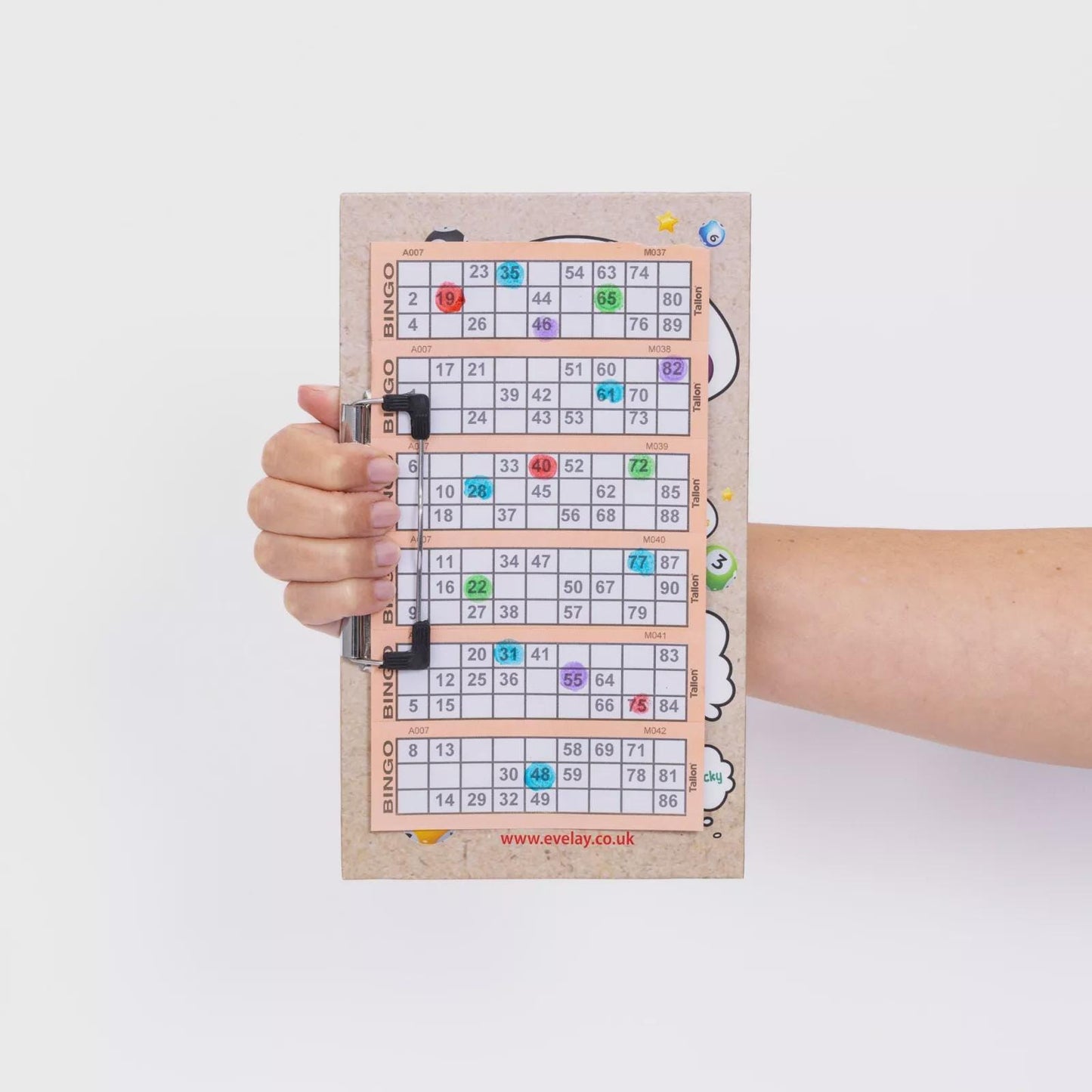 Bingo Board with 3 Colorful Dabbers: Lucky Clip Board