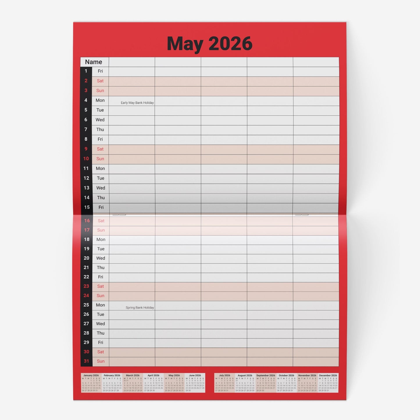2026 Calendar 5 Columns Wall Monthly Planner Staff Rota Family Organiser Red M2M