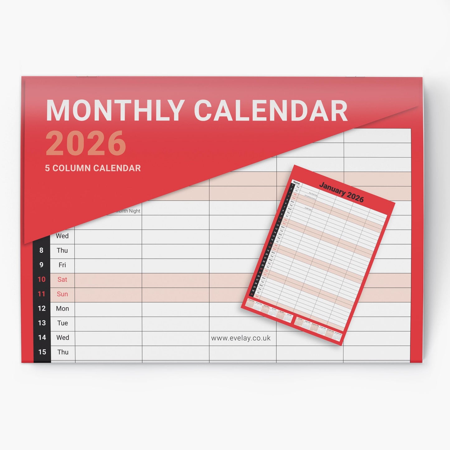 2026 Calendar 5 Columns Wall Monthly Planner Staff Rota Family Organiser Red M2M