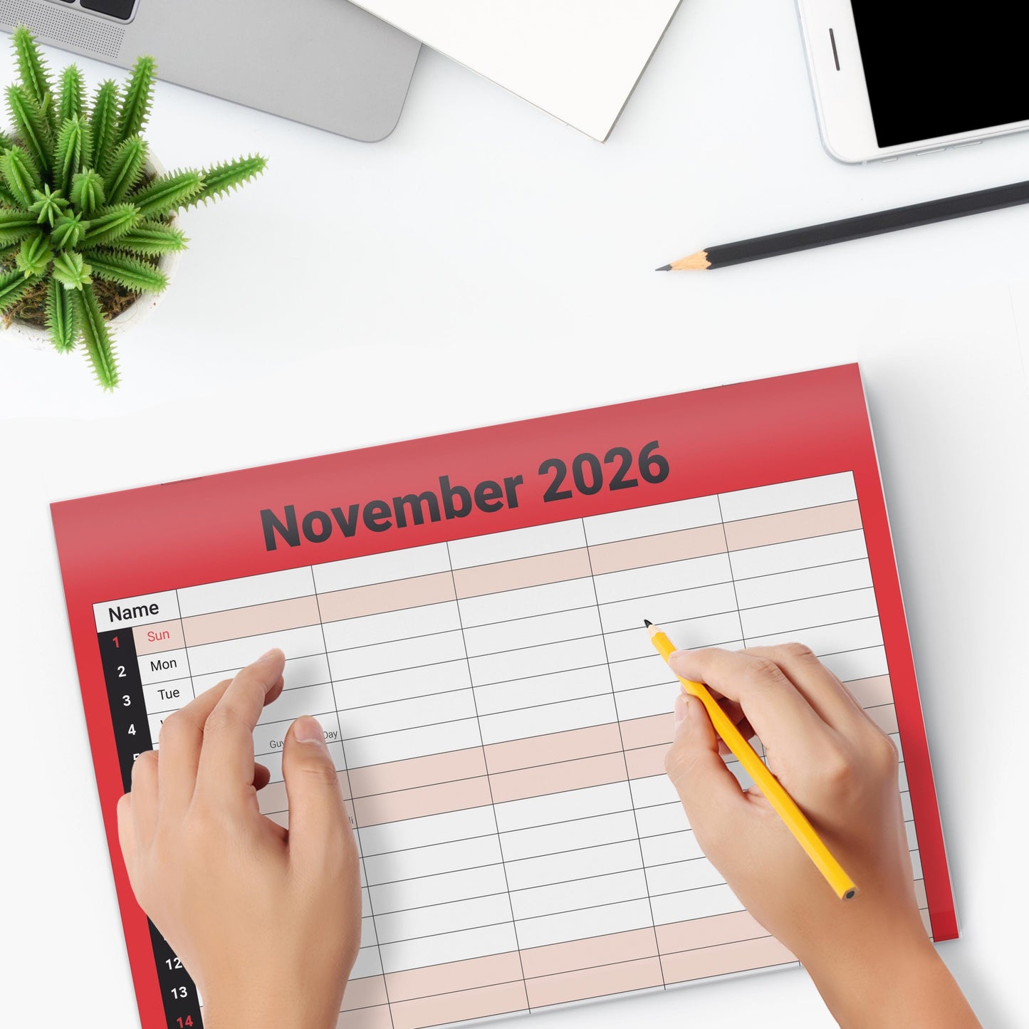 2026 Calendar 5 Columns Wall Monthly Planner Staff Rota Family Organiser Red M2M