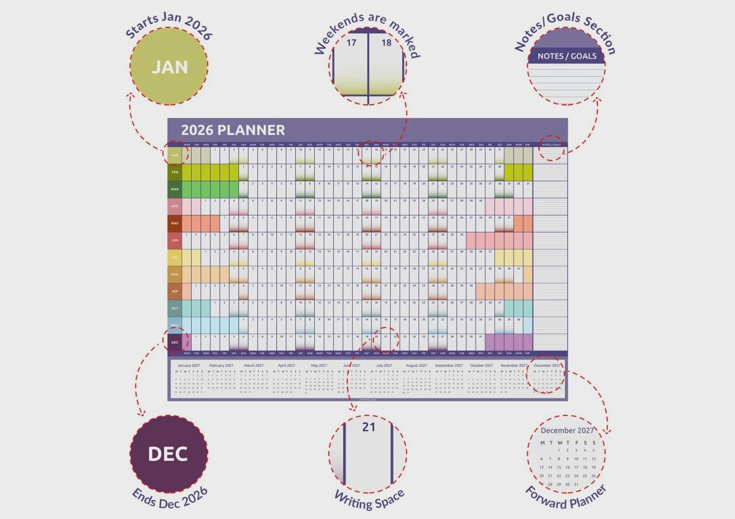 Giant A0 Rainbow Wall Planner 2026: Home Office Calendar