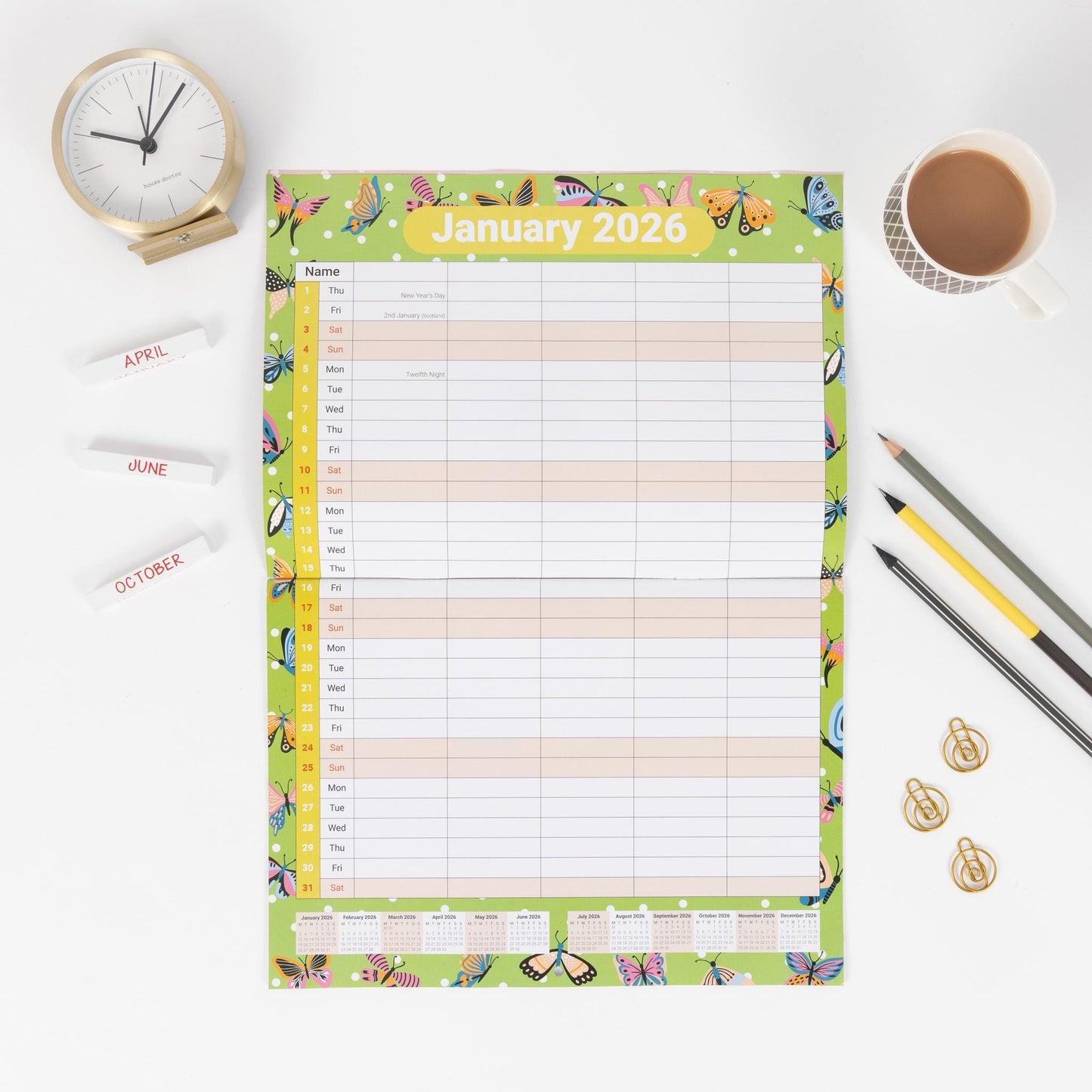 2026 A3 Month to View Family Home Planner 5 Column Wall All Family Organiser