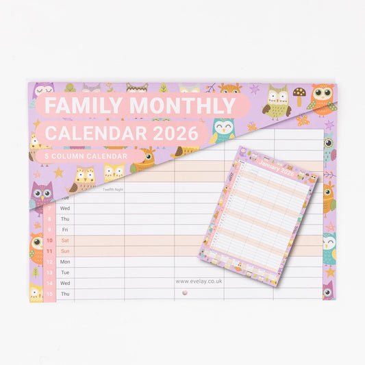 2026 A3 Wall Calendar 5 Columns Family Monthly Planner Staff Rota Family Organiser Month per View owl