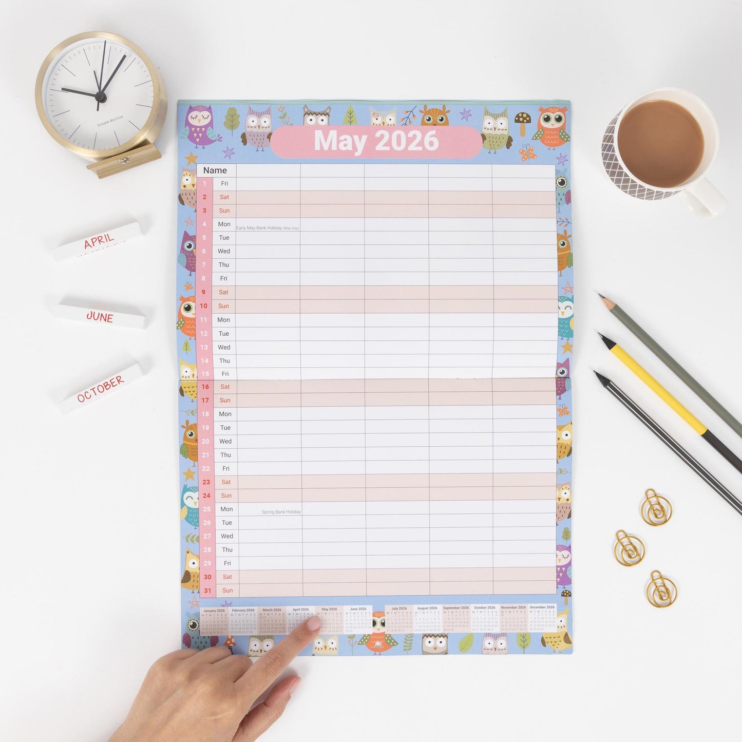 2026 A3 Wall Calendar 5 Columns Family Monthly Planner Staff Rota Family Organiser Month per View owl