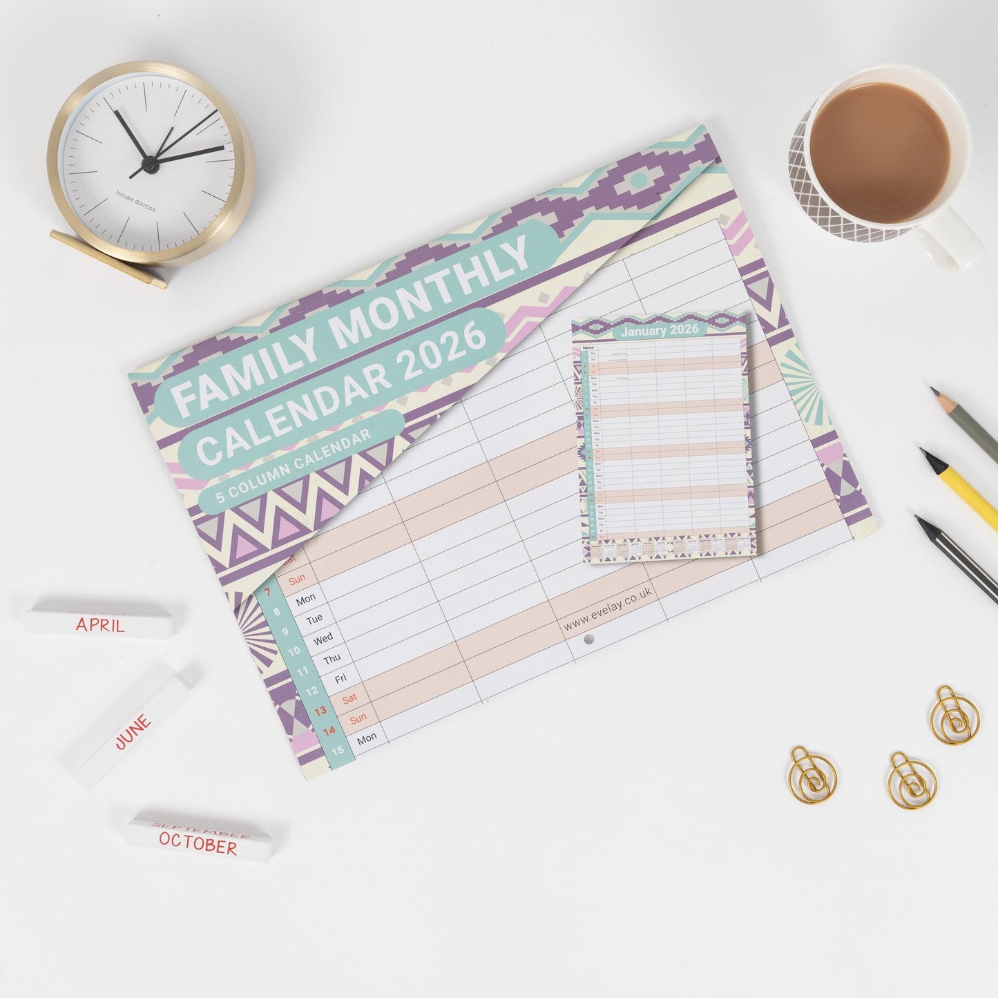 2026 Calendar Wall Monthly Planner Staff Rota Family Organiser 5 Columns marble
