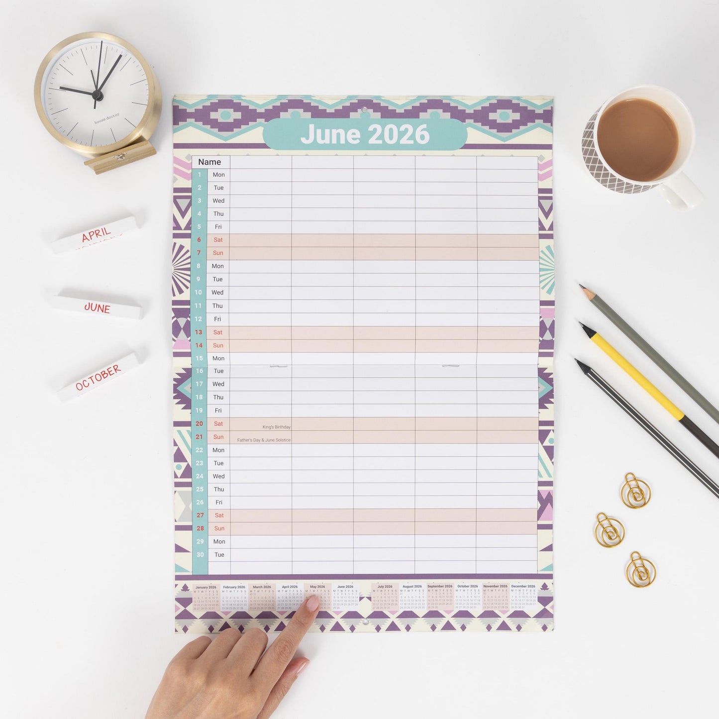 2026 Calendar Wall Monthly Planner Staff Rota Family Organiser 5 Columns marble