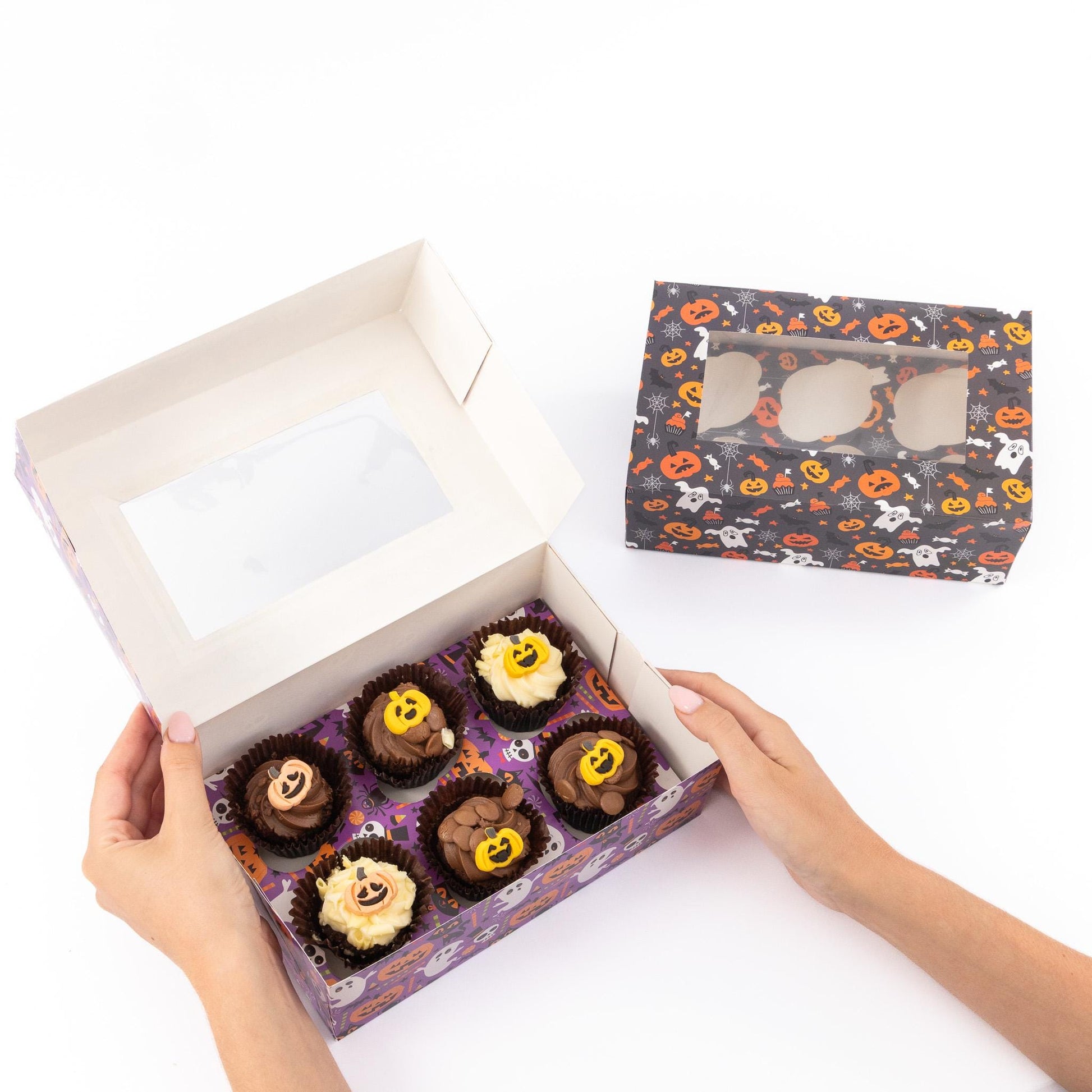 2 to 10 Halloween 6 Hole Cupcake Boxes Black Orange Cobweb Pumpkin Windowed Insert Etsy