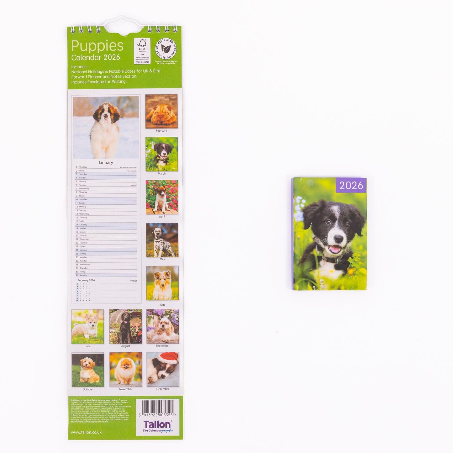 2026 Slim Calendar & Diary Set Planner Spiral Cats Dogs Flowers Garden Scenes