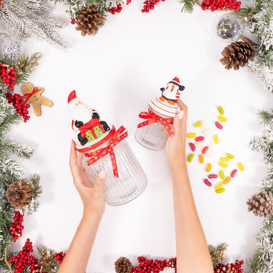 2 Christmas Novelty Glass Jars Santa Penguin Sweets Biscuits Cookies Storage Etsy