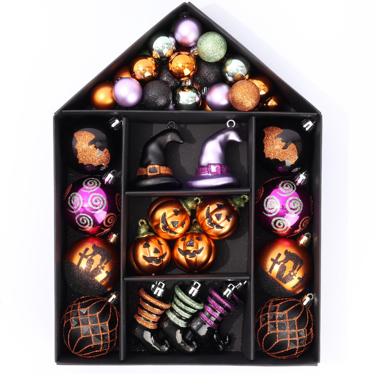 48 Halloween Tree Baubles Mixed Size Shape Hanging Ornaments Black Purple Green Etsy