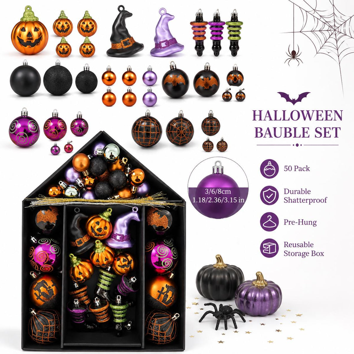 48 Halloween Tree Baubles Mixed Size Shape Hanging Ornaments Black Purple Green Etsy