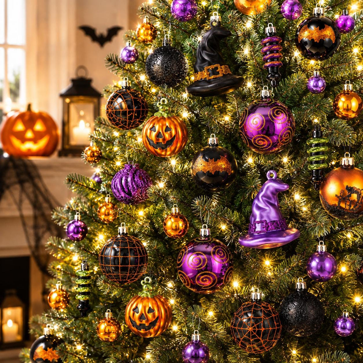 48 Halloween Tree Baubles Mixed Size Shape Hanging Ornaments Black Purple Green Etsy